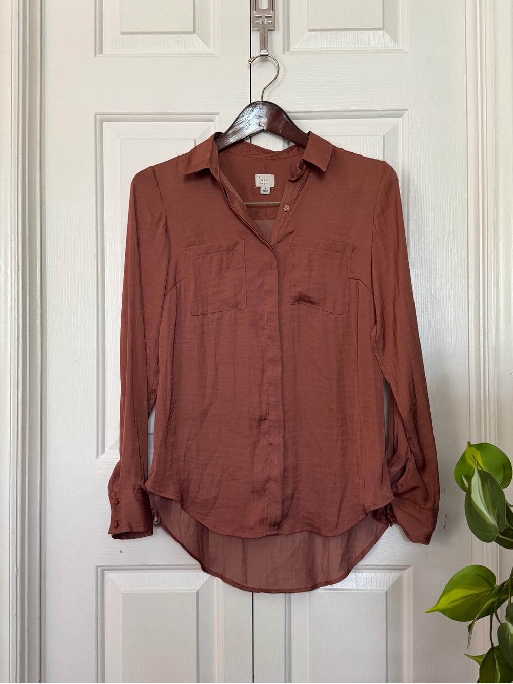 a new day dark rustic pink Button-Front Collared Blouse